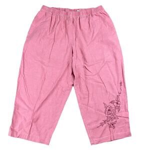 Vintage White Stag High Rise Linen Pants Wide leg Women's 14W Rose Embroidery